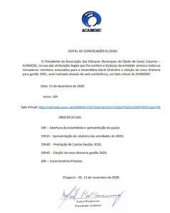 Read more about the article Acamosc convoca os associados para Assembleia Geral Ordinária; No encontro é feita a escolha da nova diretoria-  gestão 2021