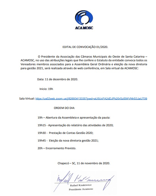 You are currently viewing Acamosc convoca os associados para Assembleia Geral Ordinária; No encontro é feita a escolha da nova diretoria-  gestão 2021