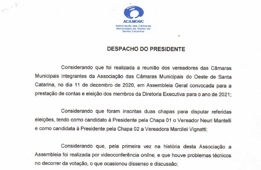 You are currently viewing Despacho do presidente da Acamosc sobre Assembleia Geral Ordinária